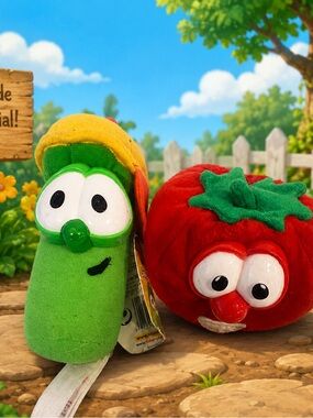 Vintage VeggieTales Jr Asparagus & Bob Tomato Plush Lot Fisher-Price 1998 2000